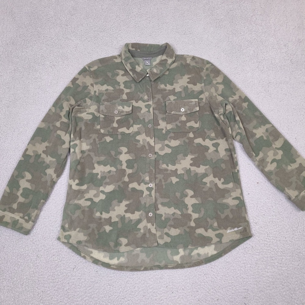 Eddie Bauer Fleece Shirt Womens XL‎ Green Camo Soft Button Up Long Sleeve